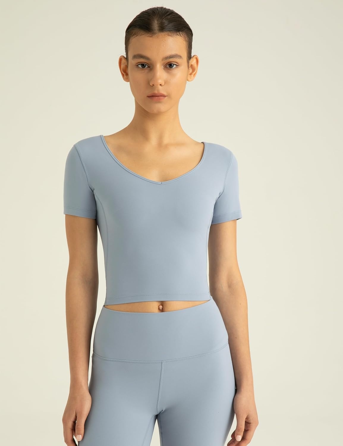 image:imageColorfulkoala Womens Dreamlux V Neck Short Sleeve Yoga Shirts UBack Workout TopsChambray