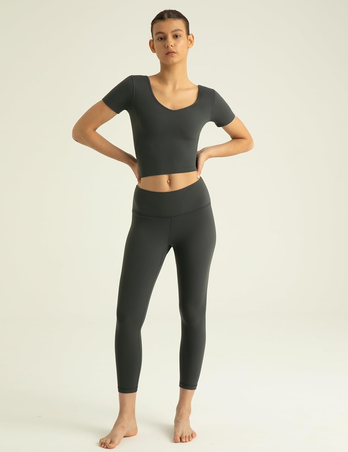 image:imageColorfulkoala Womens Dreamlux V Neck Short Sleeve Yoga Shirts UBack Workout TopsDark Carbon