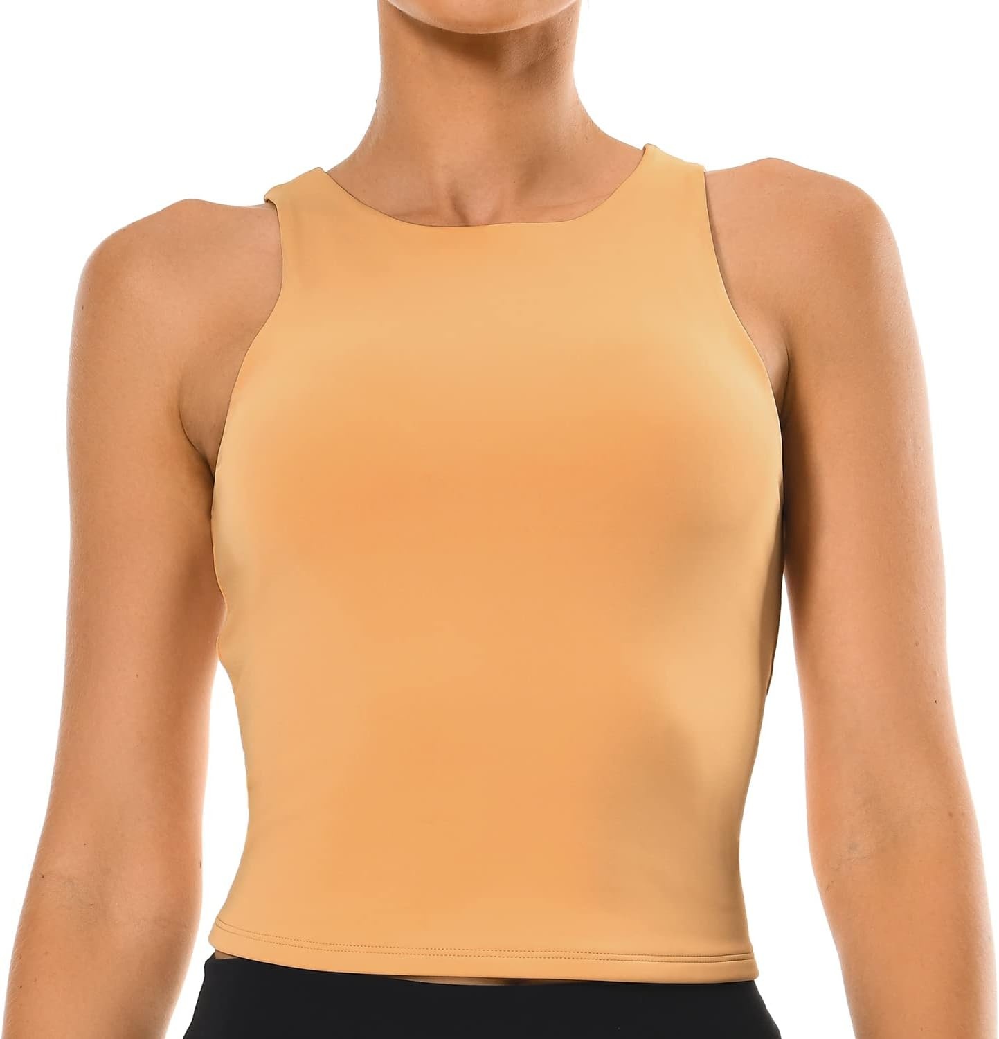 image:imageColorfulkoala Womens High Neck Tank Tops Body Contour Sleeveless Crop Double Lined Yoga ShirtsBeige