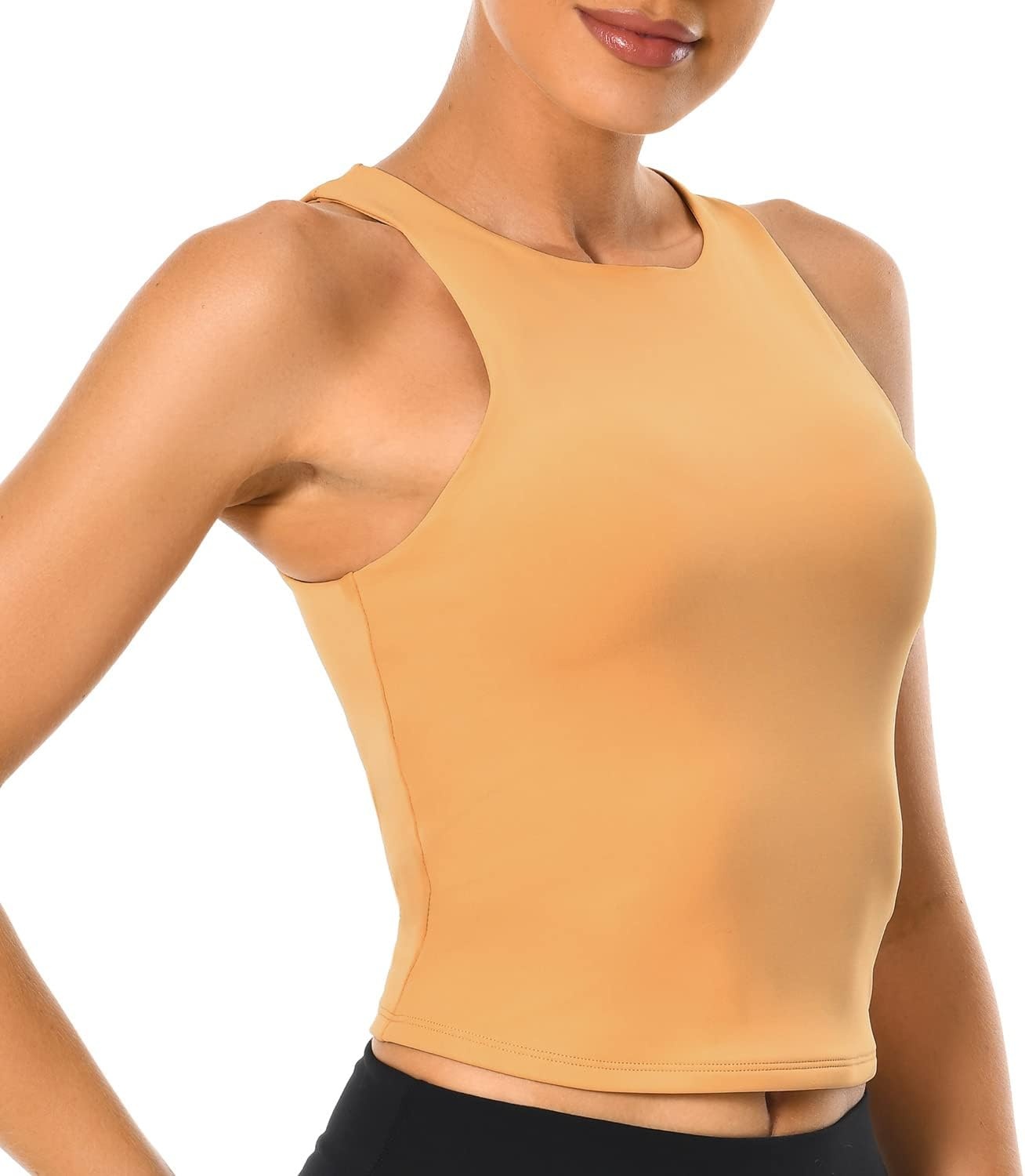 image:imageColorfulkoala Womens High Neck Tank Tops Body Contour Sleeveless Crop Double Lined Yoga ShirtsBeige