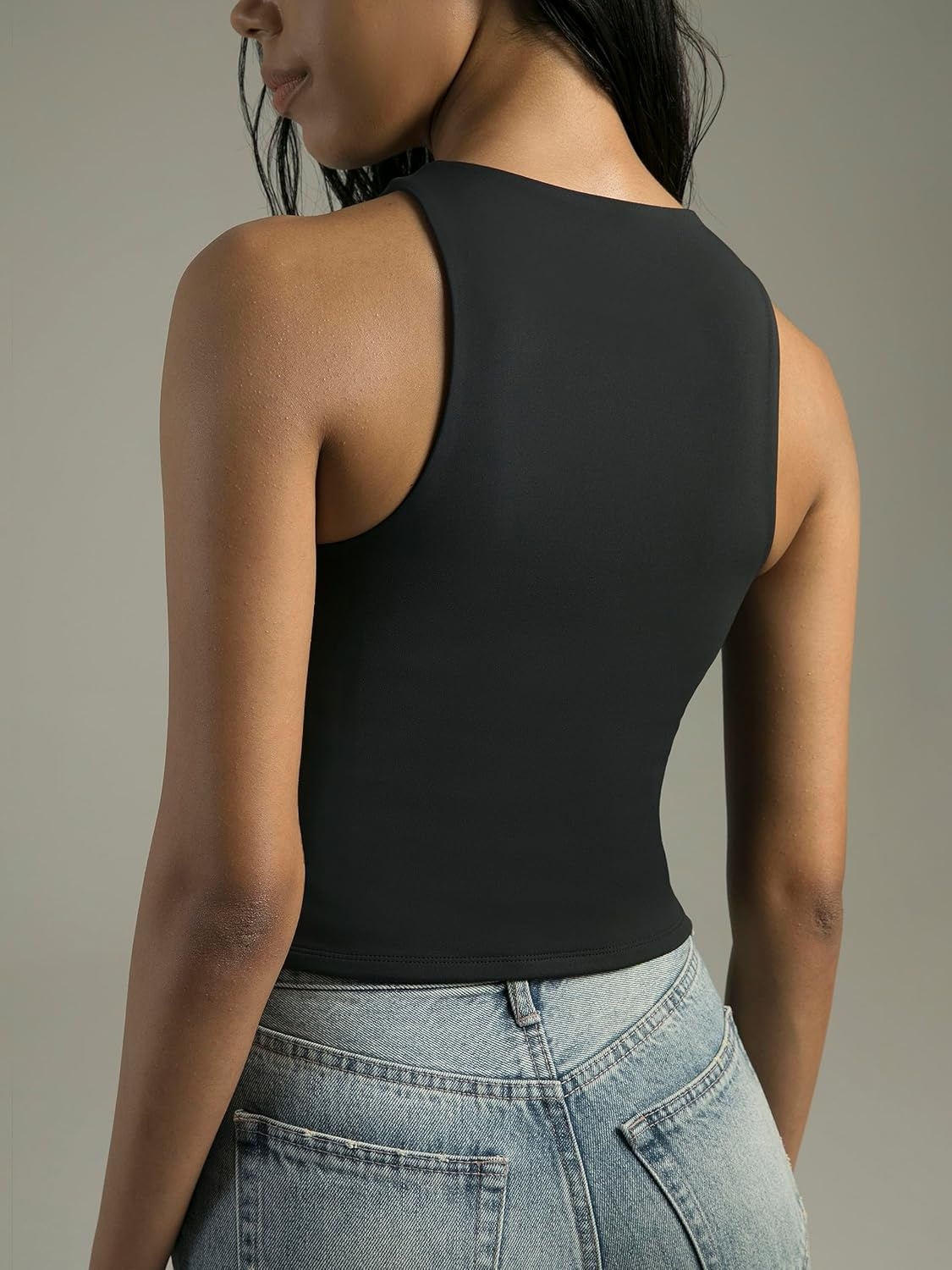 image:imageColorfulkoala Womens High Neck Tank Tops Body Contour Sleeveless Crop Double Lined Yoga ShirtsBlack