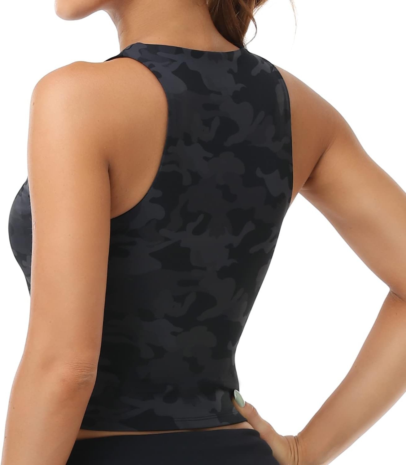 image:imageColorfulkoala Womens High Neck Tank Tops Body Contour Sleeveless Crop Double Lined Yoga ShirtsBlack Camo