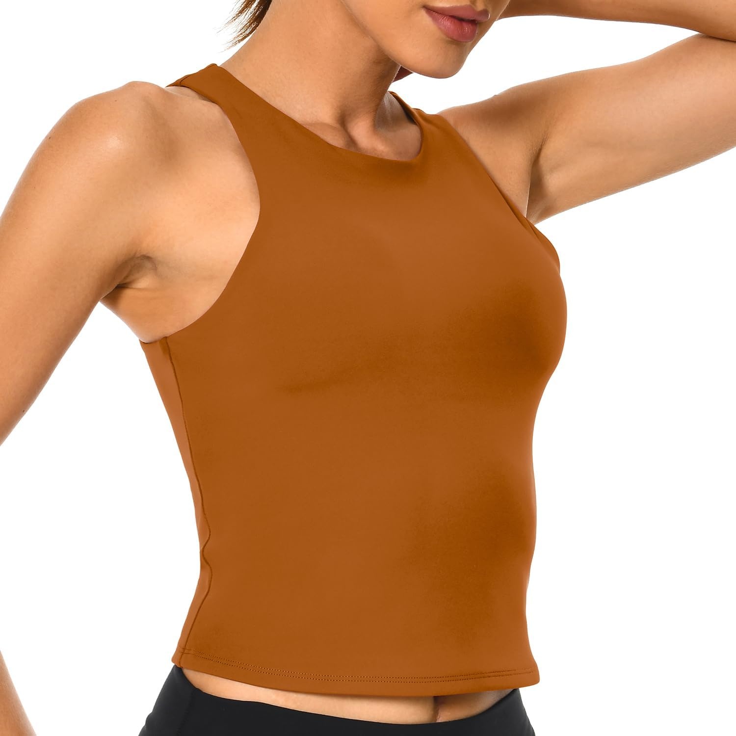 image:imageColorfulkoala Womens High Neck Tank Tops Body Contour Sleeveless Crop Double Lined Yoga ShirtsBrown