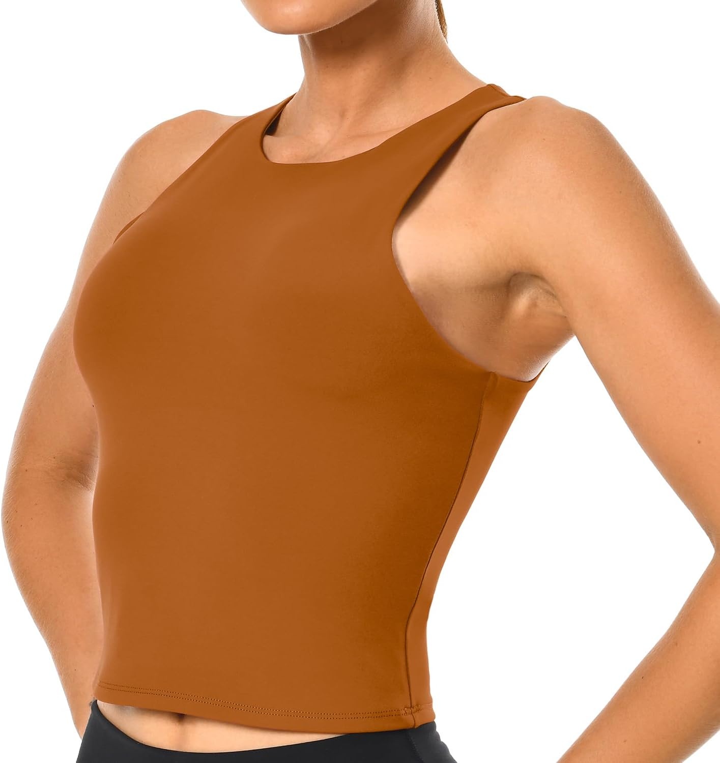 image:imageColorfulkoala Womens High Neck Tank Tops Body Contour Sleeveless Crop Double Lined Yoga ShirtsBrown