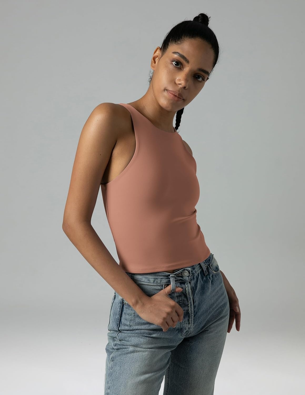 image:imageColorfulkoala Womens High Neck Tank Tops Body Contour Sleeveless Crop Double Lined Yoga ShirtsCoffee