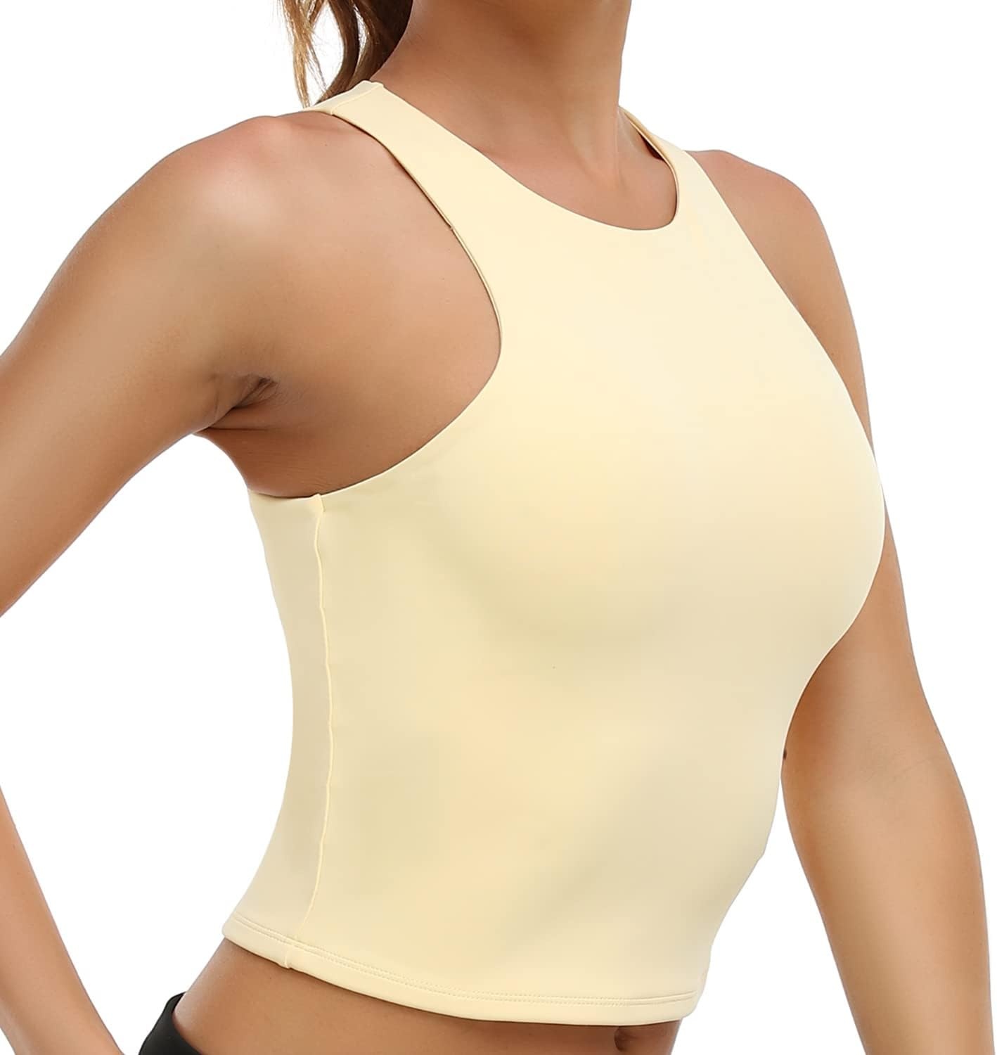 image:imageColorfulkoala Womens High Neck Tank Tops Body Contour Sleeveless Crop Double Lined Yoga ShirtsCream Yellow