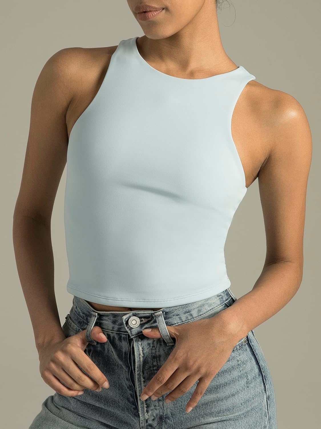 image:imageColorfulkoala Womens High Neck Tank Tops Body Contour Sleeveless Crop Double Lined Yoga ShirtsIce Blue