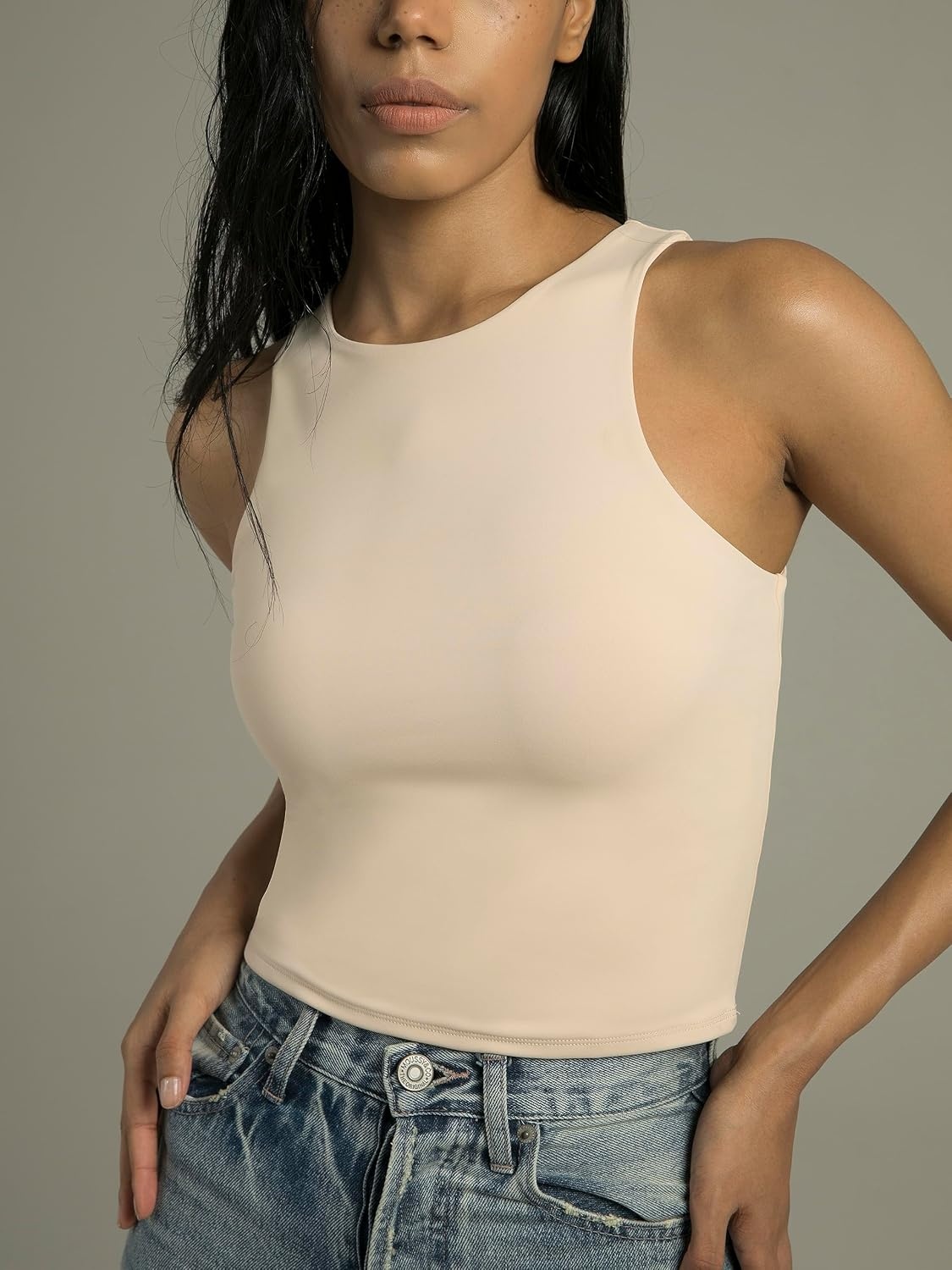 image:imageColorfulkoala Womens High Neck Tank Tops Body Contour Sleeveless Crop Double Lined Yoga ShirtsIvory
