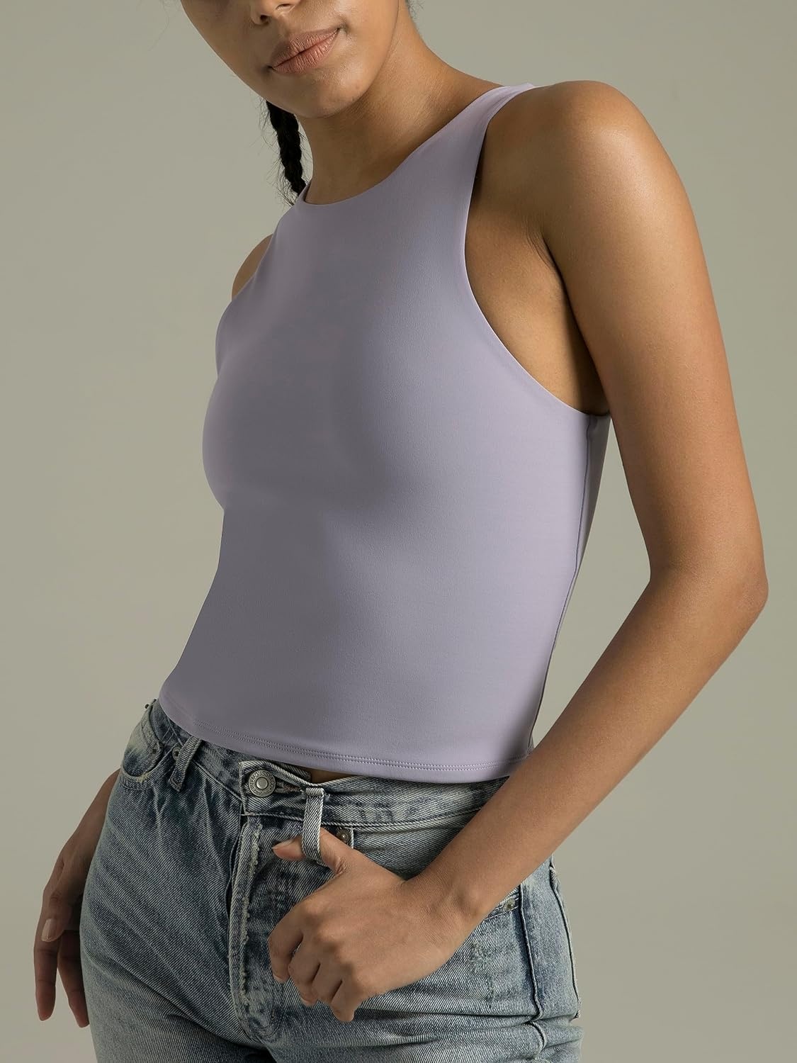 image:imageColorfulkoala Womens High Neck Tank Tops Body Contour Sleeveless Crop Double Lined Yoga ShirtsLilac