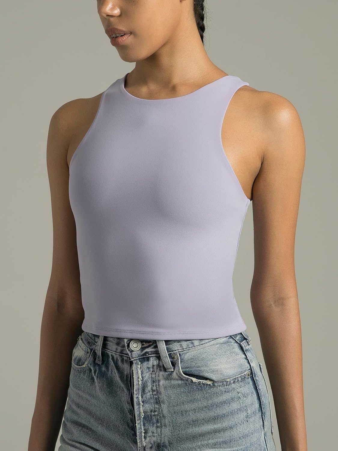 image:imageColorfulkoala Womens High Neck Tank Tops Body Contour Sleeveless Crop Double Lined Yoga ShirtsLilac