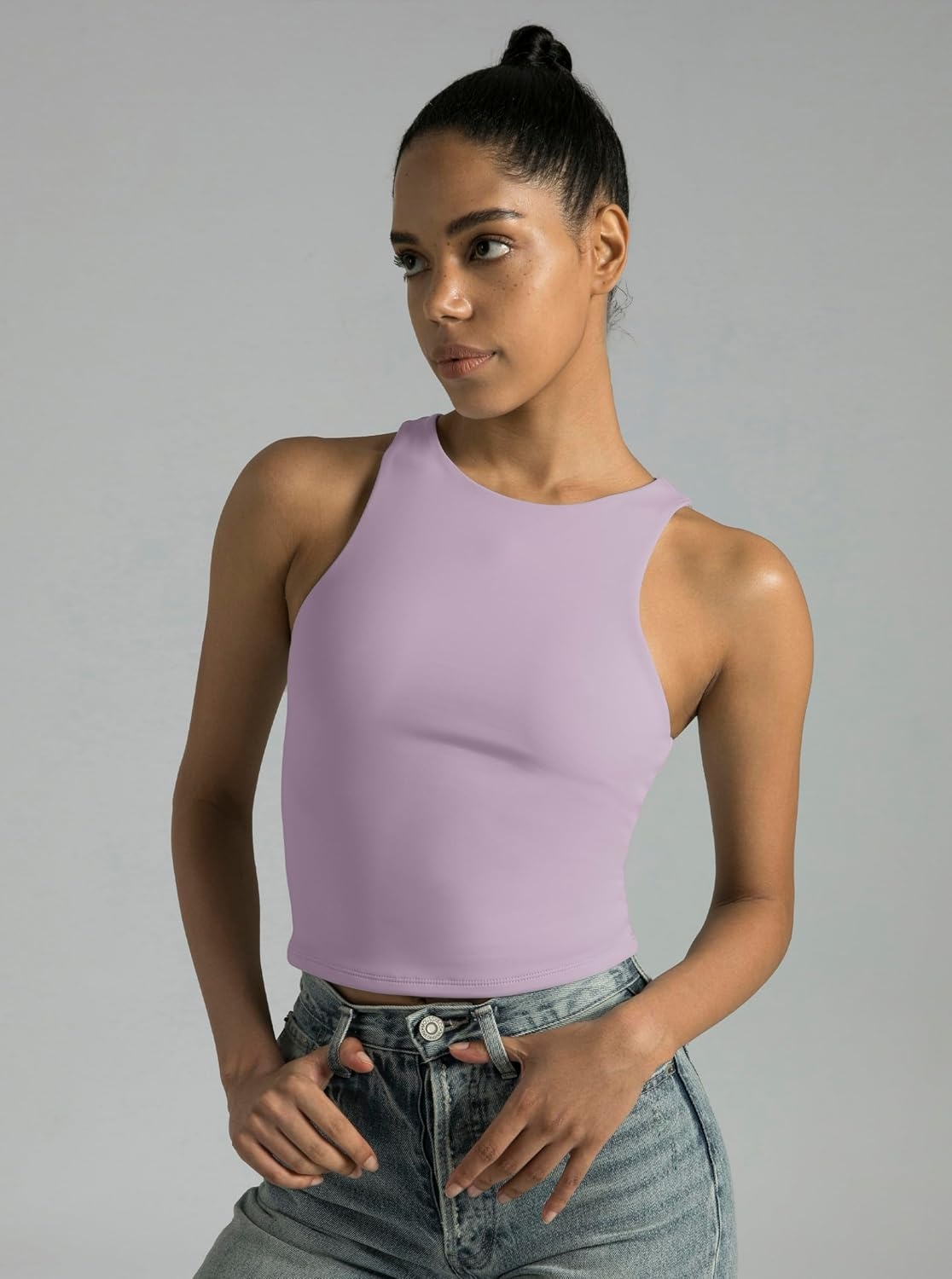 image:imageColorfulkoala Womens High Neck Tank Tops Body Contour Sleeveless Crop Double Lined Yoga ShirtsMauve Shadows