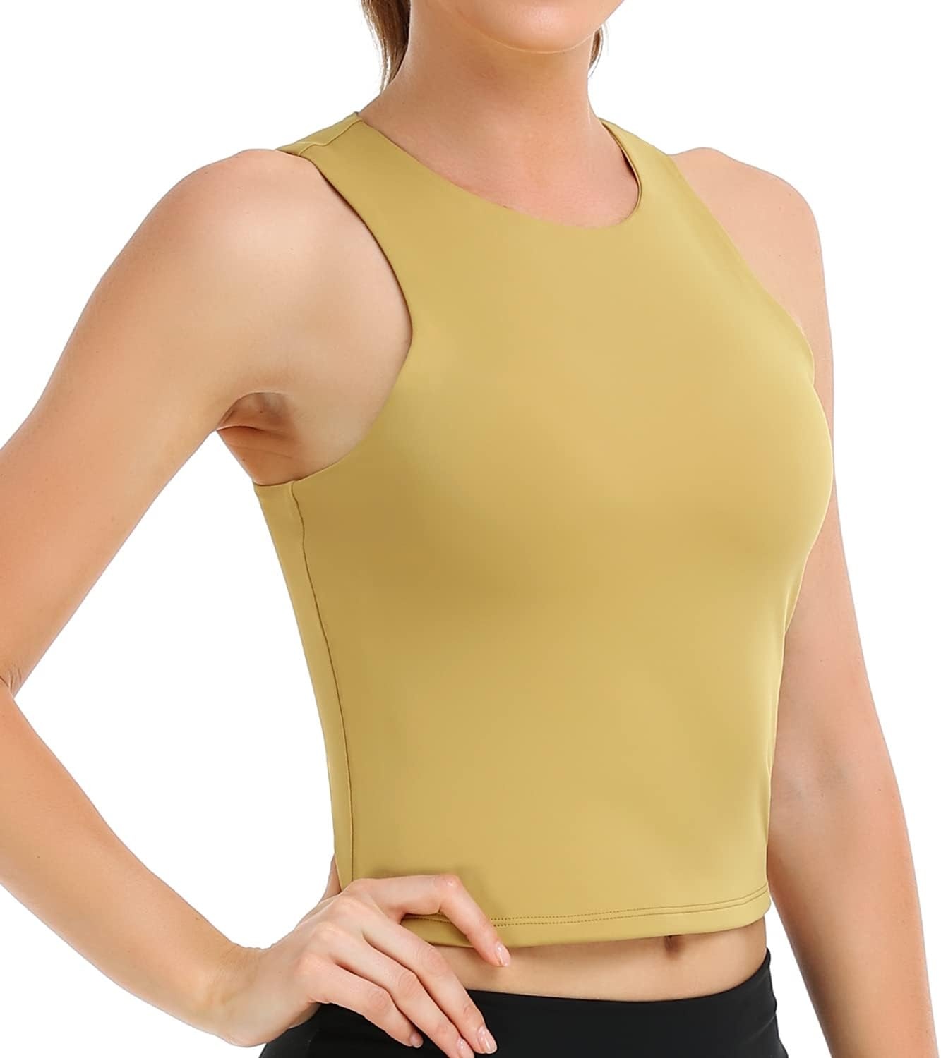 image:imageColorfulkoala Womens High Neck Tank Tops Body Contour Sleeveless Crop Double Lined Yoga ShirtsOil Yellow