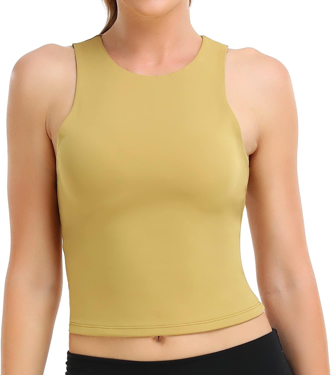 image:imageColorfulkoala Womens High Neck Tank Tops Body Contour Sleeveless Crop Double Lined Yoga ShirtsOil Yellow