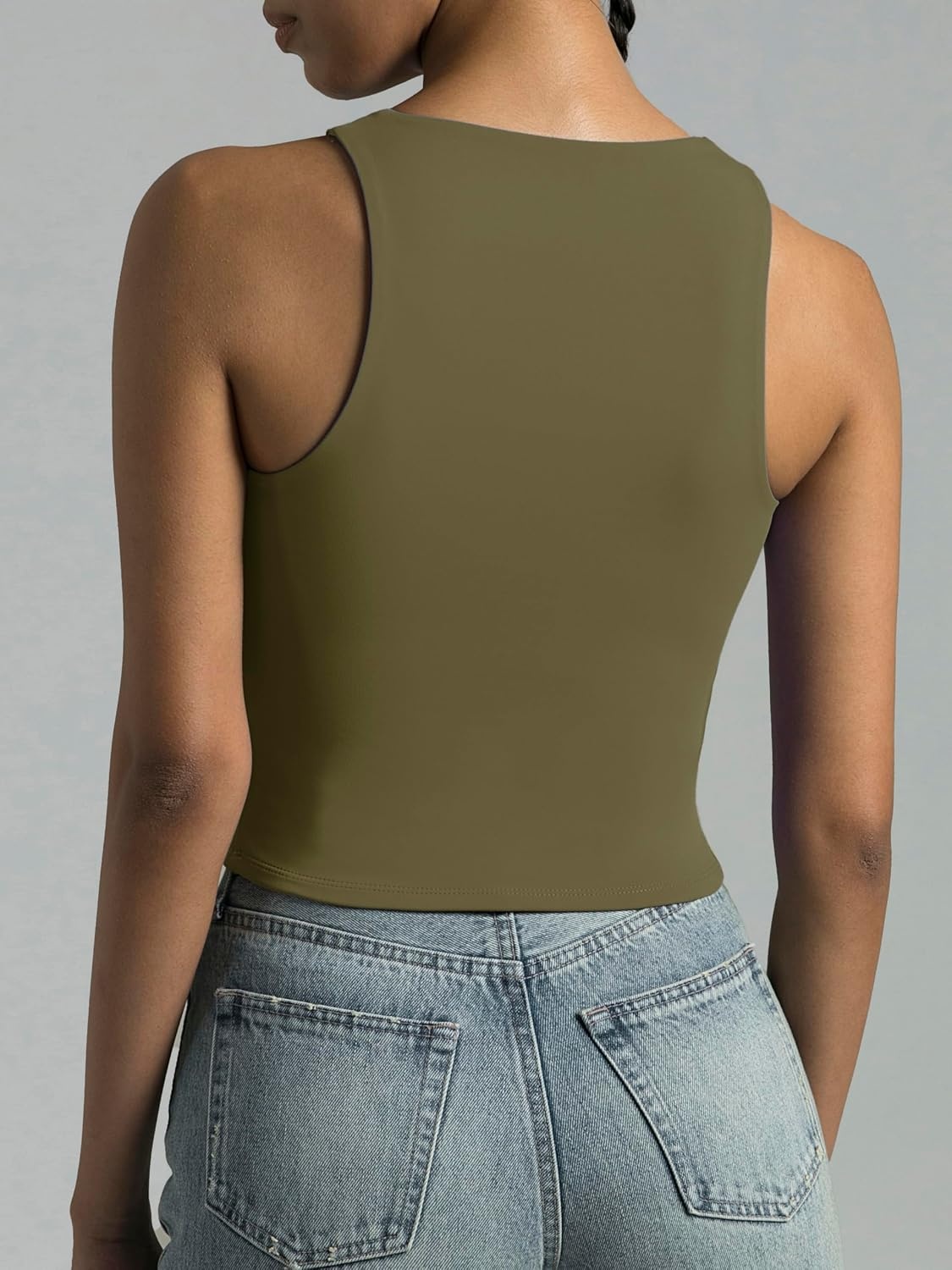 image:imageColorfulkoala Womens High Neck Tank Tops Body Contour Sleeveless Crop Double Lined Yoga ShirtsOlive Green
