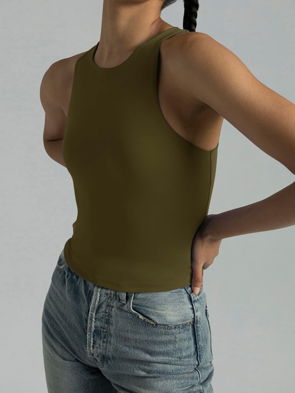 image:imageColorfulkoala Womens High Neck Tank Tops Body Contour Sleeveless Crop Double Lined Yoga ShirtsOlive Green