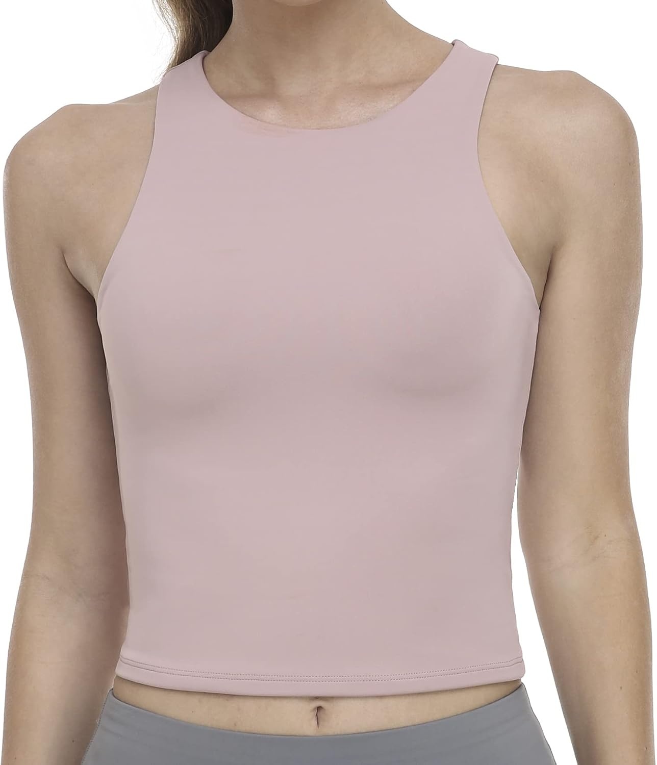 image:imageColorfulkoala Womens High Neck Tank Tops Body Contour Sleeveless Crop Double Lined Yoga ShirtsPale Pink
