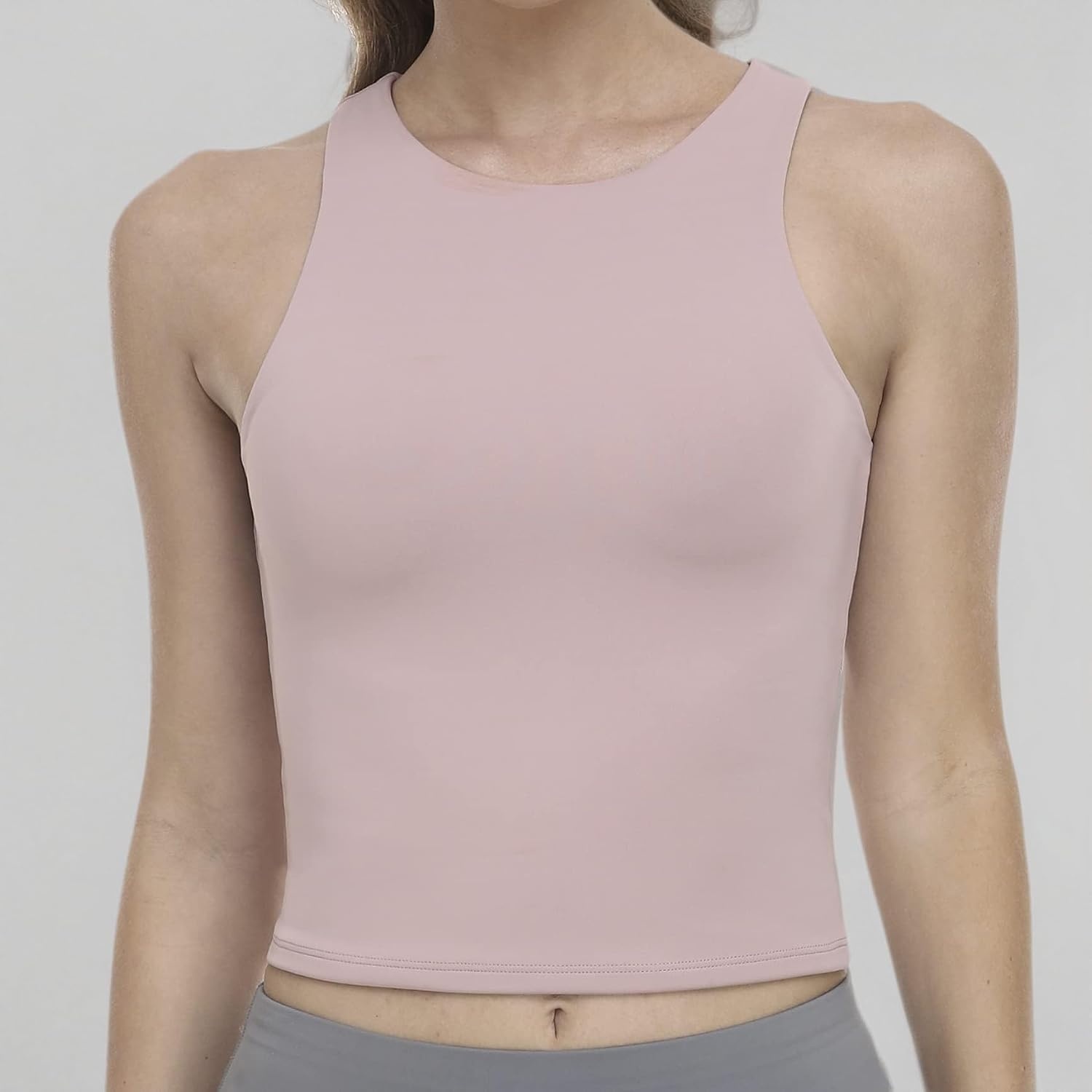 image:imageColorfulkoala Womens High Neck Tank Tops Body Contour Sleeveless Crop Double Lined Yoga ShirtsPale Pink