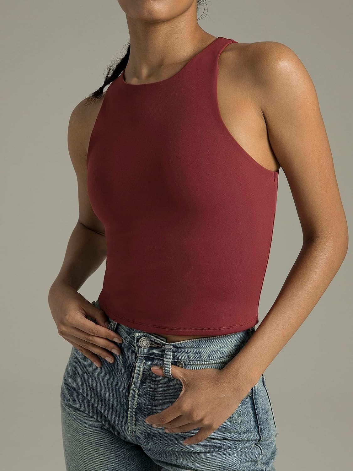 image:imageColorfulkoala Womens High Neck Tank Tops Body Contour Sleeveless Crop Double Lined Yoga ShirtsRose Red