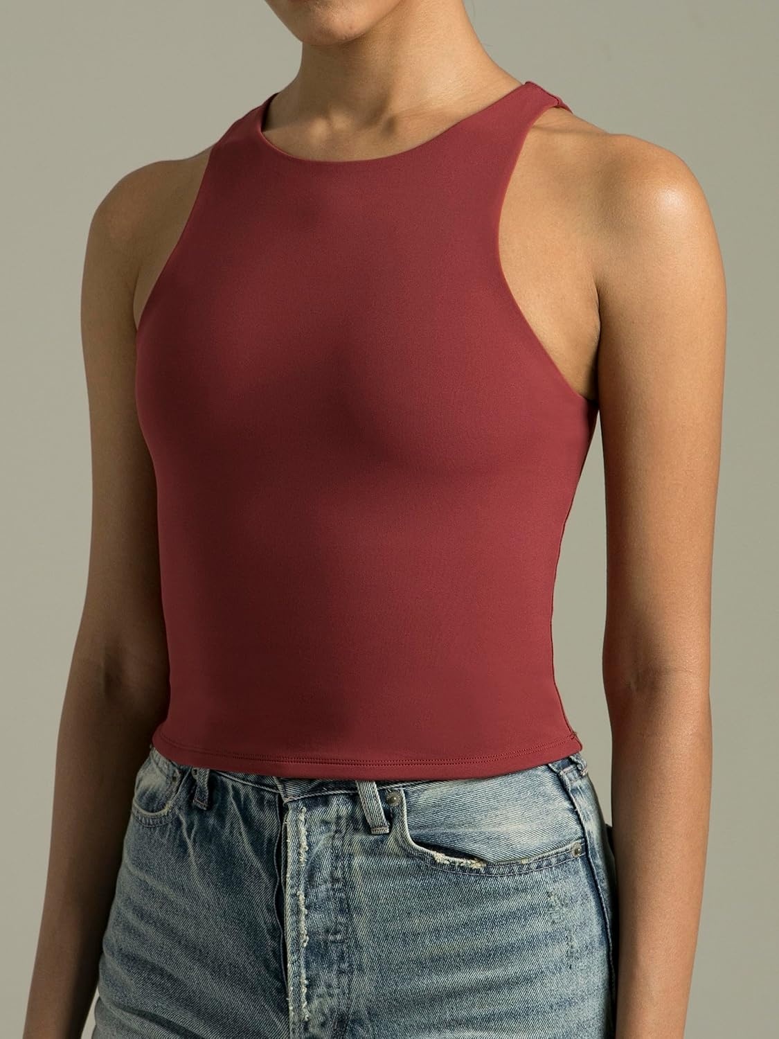 image:imageColorfulkoala Womens High Neck Tank Tops Body Contour Sleeveless Crop Double Lined Yoga ShirtsRose Red