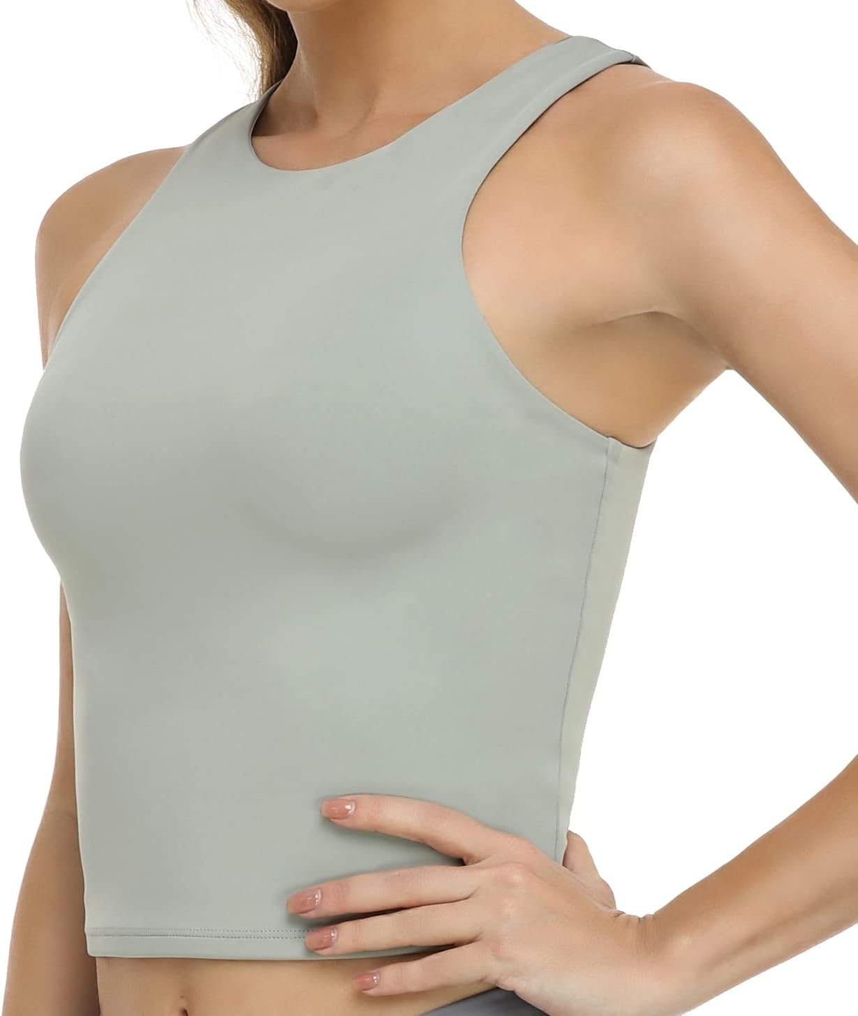 image:imageColorfulkoala Womens High Neck Tank Tops Body Contour Sleeveless Crop Double Lined Yoga ShirtsSage Green