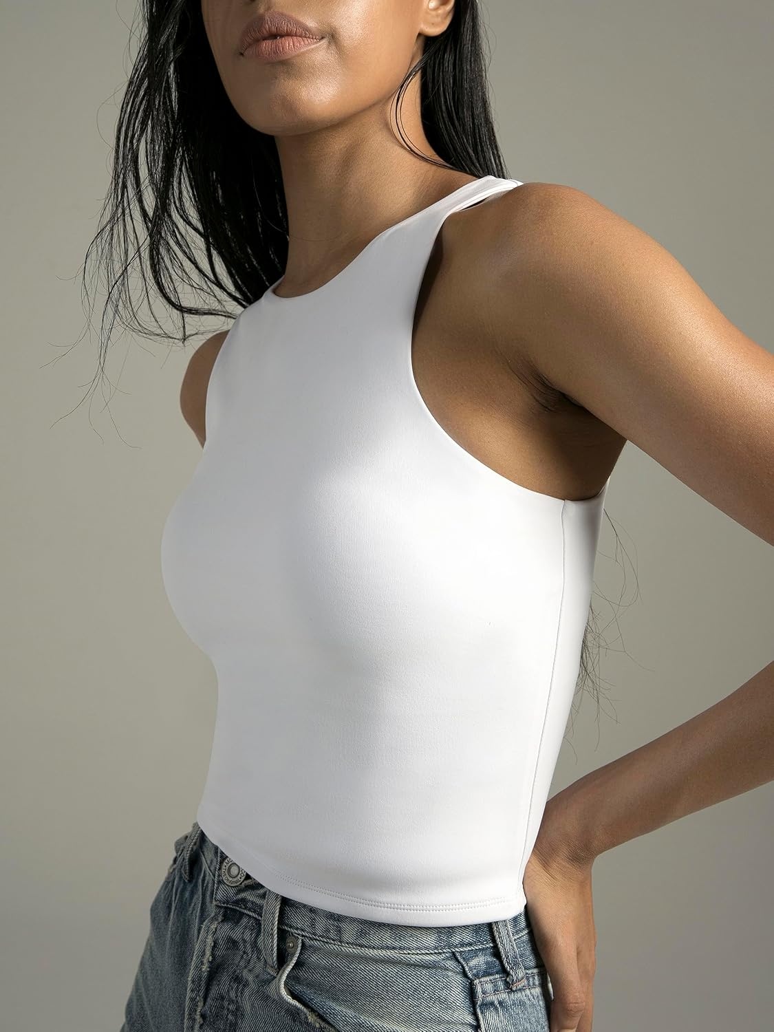 image:imageColorfulkoala Womens High Neck Tank Tops Body Contour Sleeveless Crop Double Lined Yoga ShirtsWhite