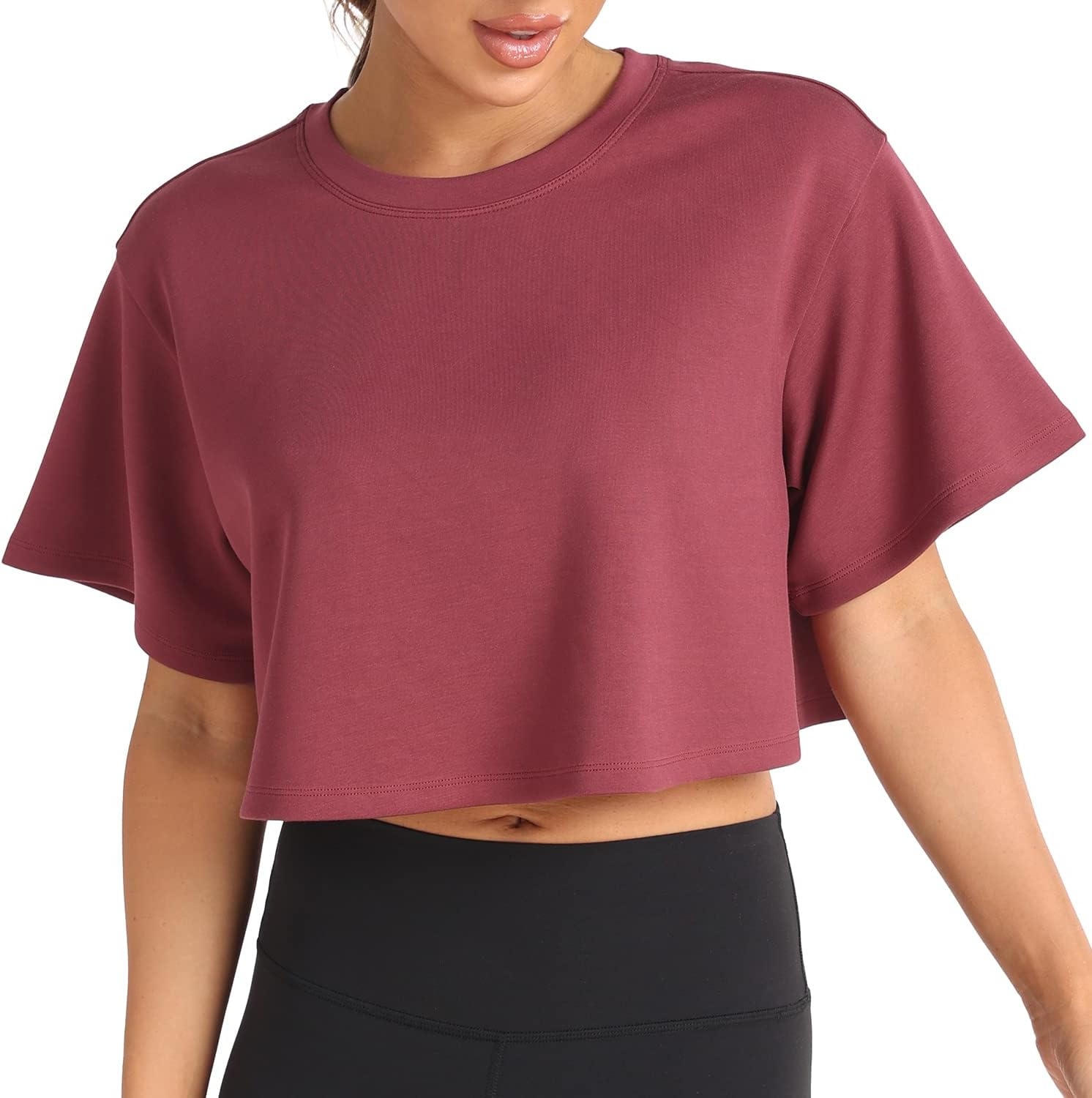 image:imageColorfulkoala Womens Oversized T Shirts Ultra Soft Modal Crop Top Athletic SweatshirtWine Red