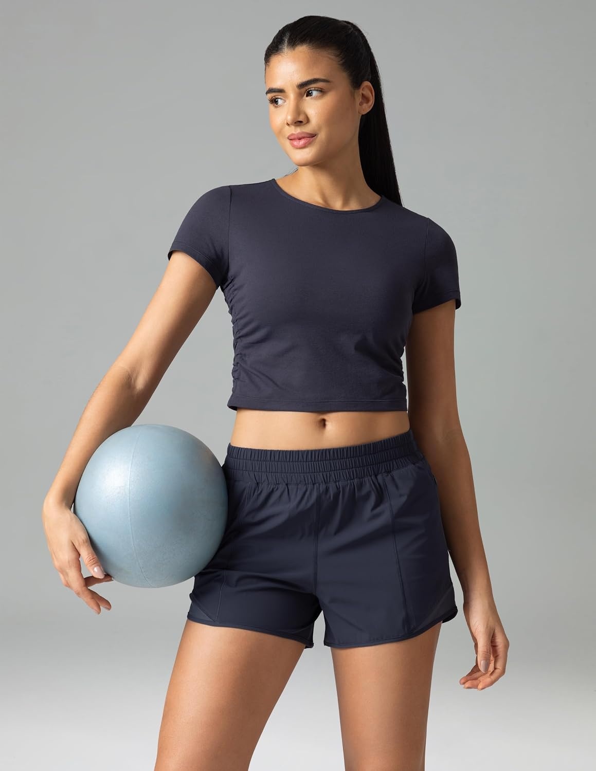 image:imageColorfulkoala Workout Crop Tops for Women Short Sleeve Slim Fitted Basic Tees Crew Neck Ruched Casual Yoga T ShirtsBlue Ink