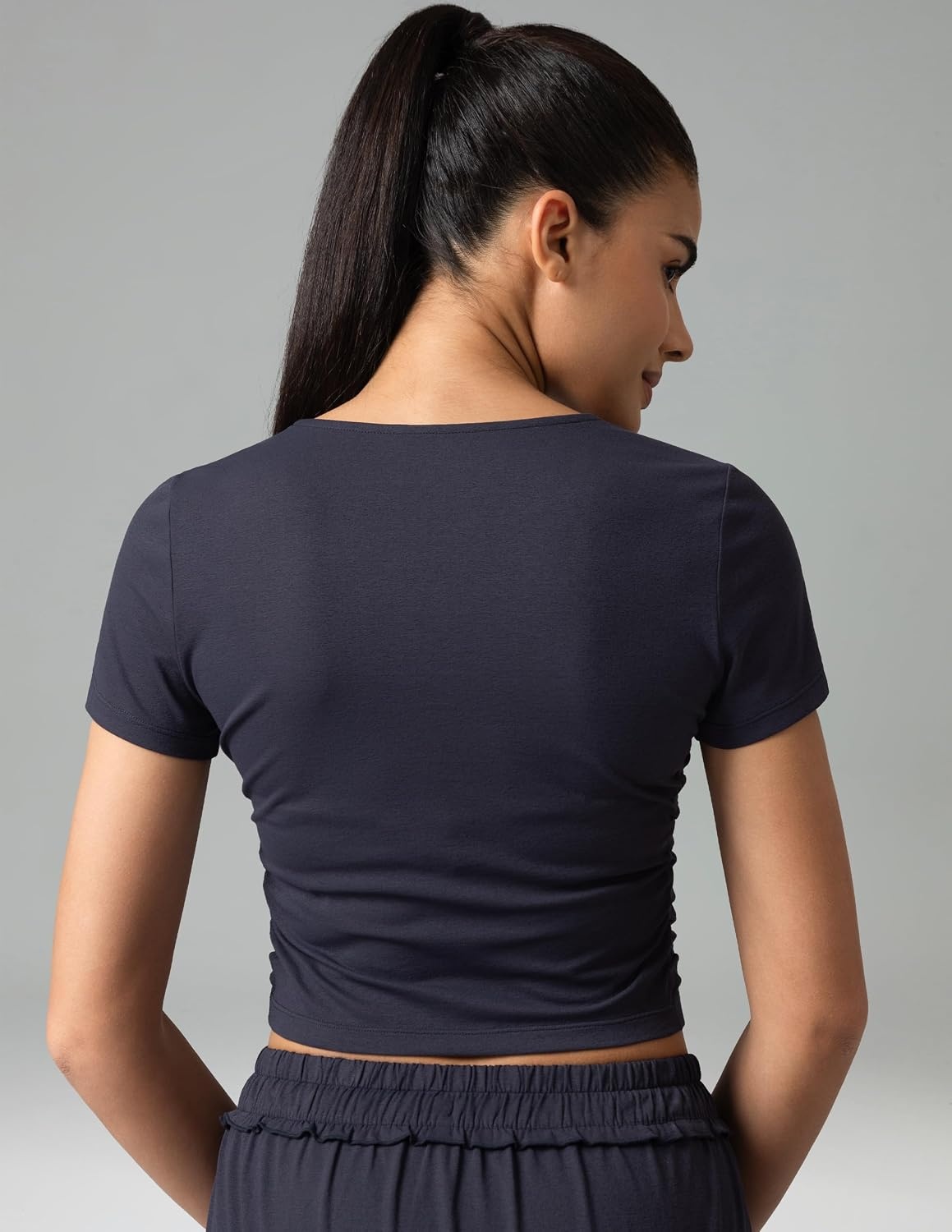 image:imageColorfulkoala Workout Crop Tops for Women Short Sleeve Slim Fitted Basic Tees Crew Neck Ruched Casual Yoga T ShirtsBlue Ink