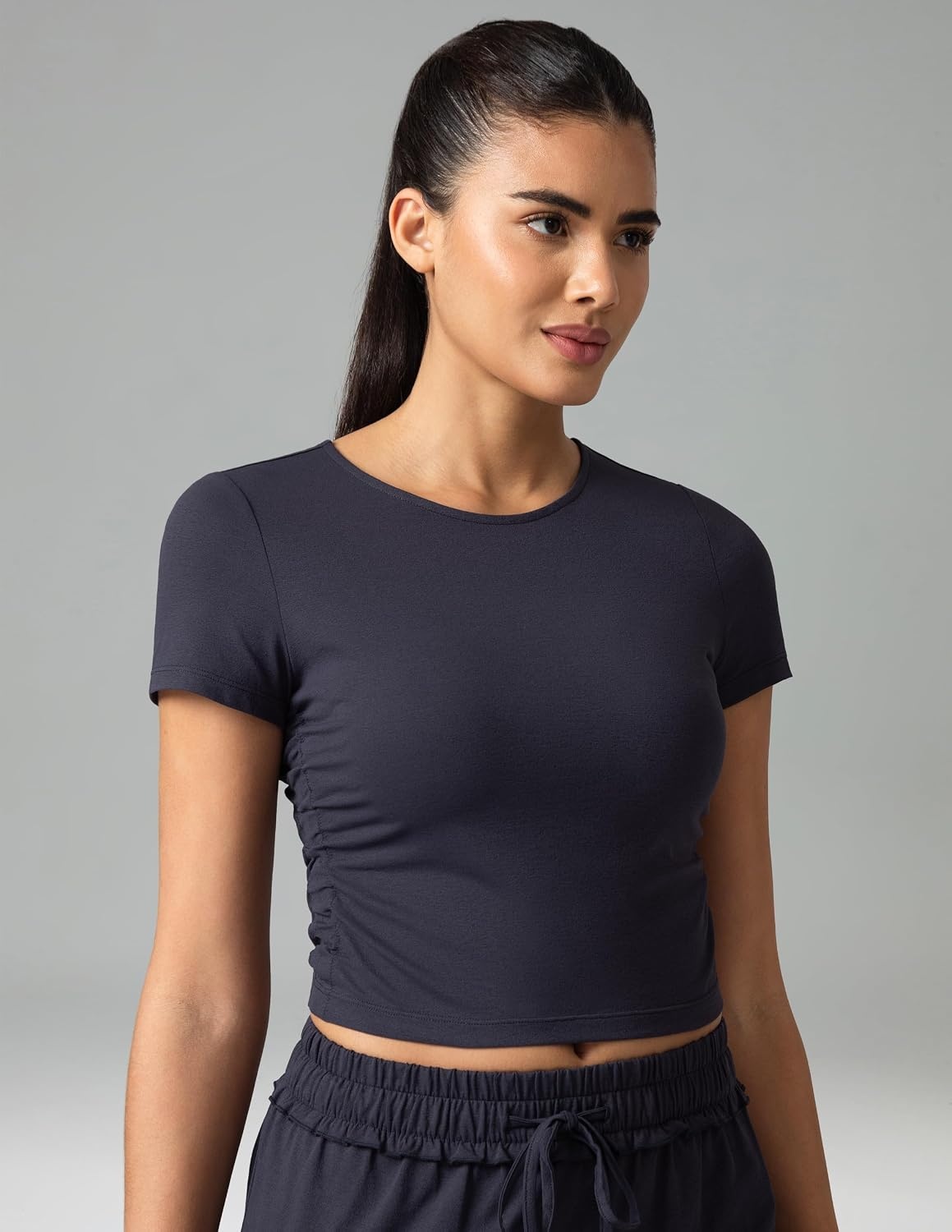 image:imageColorfulkoala Workout Crop Tops for Women Short Sleeve Slim Fitted Basic Tees Crew Neck Ruched Casual Yoga T ShirtsBlue Ink