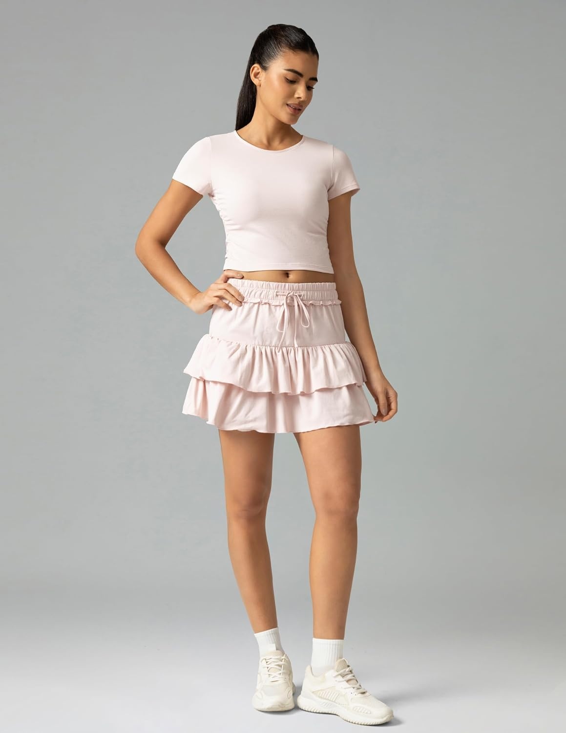 image:imageColorfulkoala Workout Crop Tops for Women Short Sleeve Slim Fitted Basic Tees Crew Neck Ruched Casual Yoga T ShirtsMarshmallow Pink