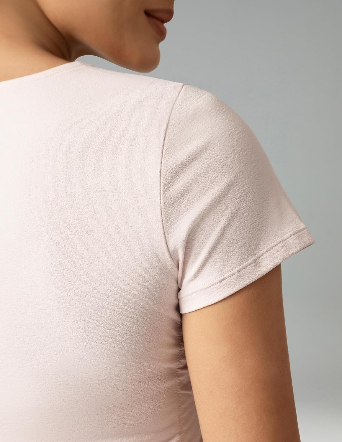 image:imageColorfulkoala Workout Crop Tops for Women Short Sleeve Slim Fitted Basic Tees Crew Neck Ruched Casual Yoga T ShirtsMarshmallow Pink