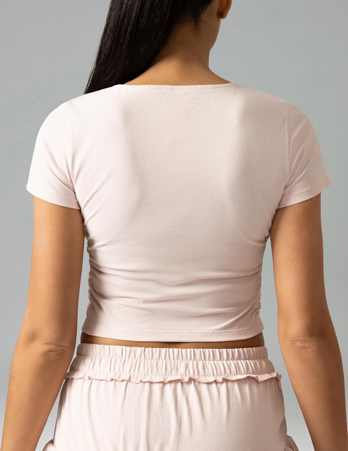 image:imageColorfulkoala Workout Crop Tops for Women Short Sleeve Slim Fitted Basic Tees Crew Neck Ruched Casual Yoga T ShirtsMarshmallow Pink