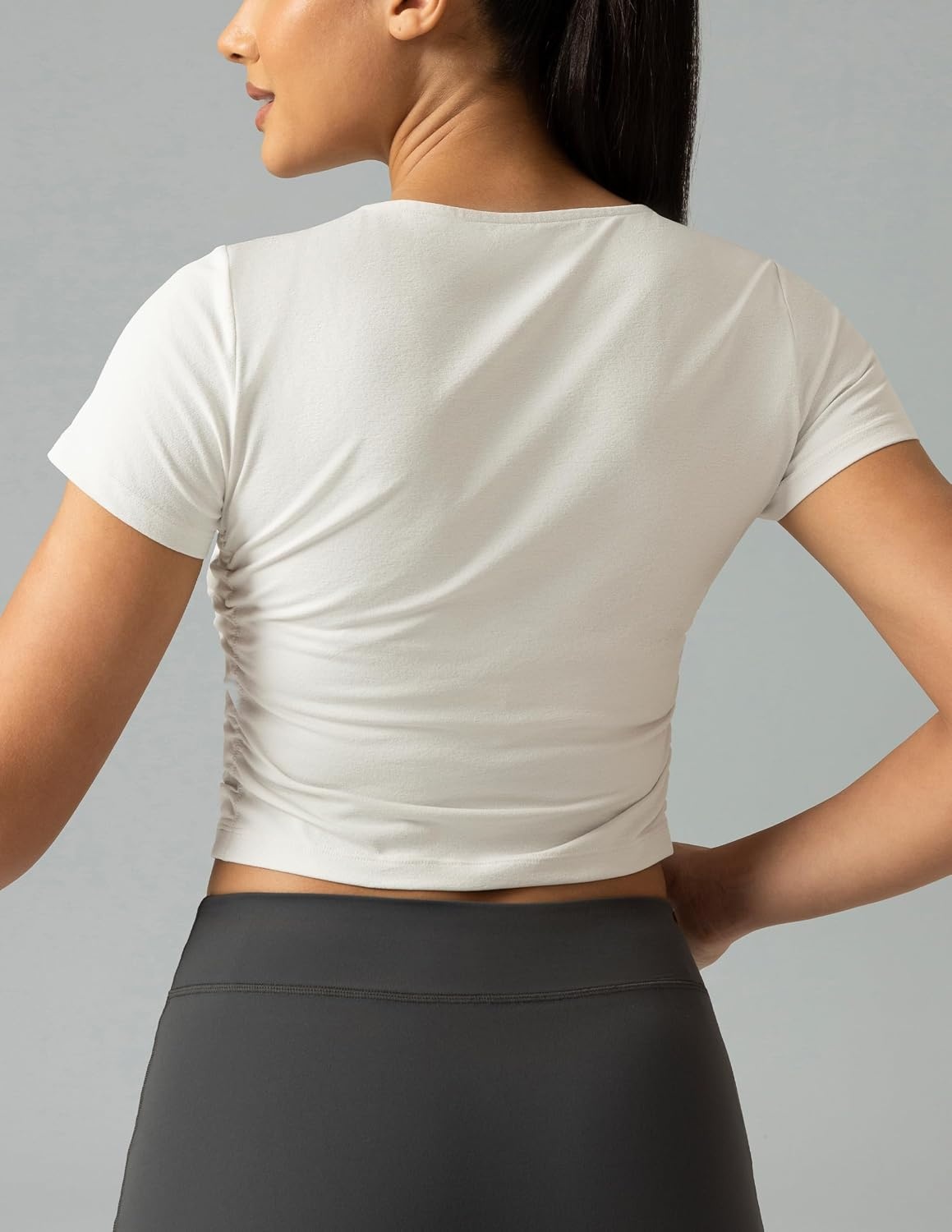 image:imageColorfulkoala Workout Crop Tops for Women Short Sleeve Slim Fitted Basic Tees Crew Neck Ruched Casual Yoga T ShirtsNatural