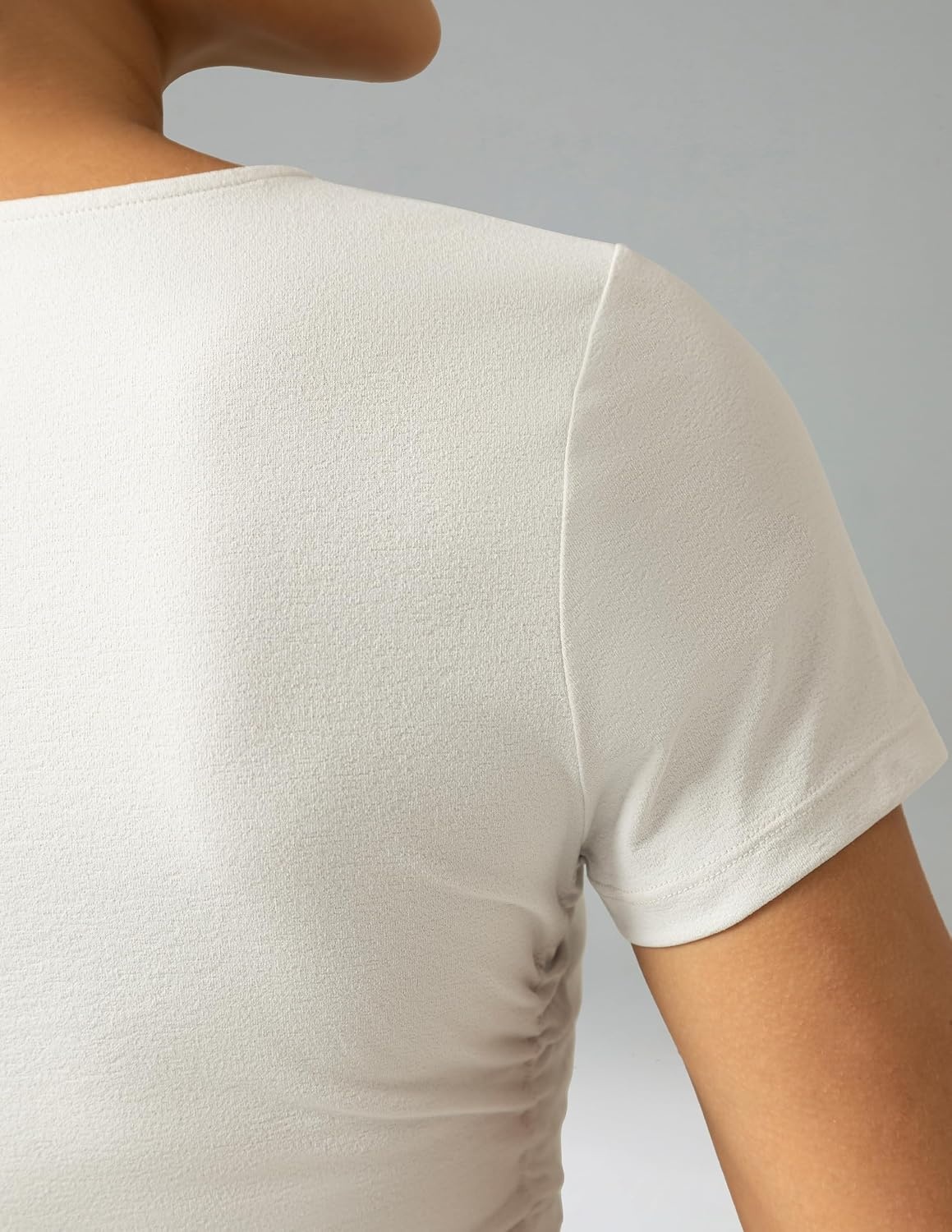 image:imageColorfulkoala Workout Crop Tops for Women Short Sleeve Slim Fitted Basic Tees Crew Neck Ruched Casual Yoga T ShirtsNatural