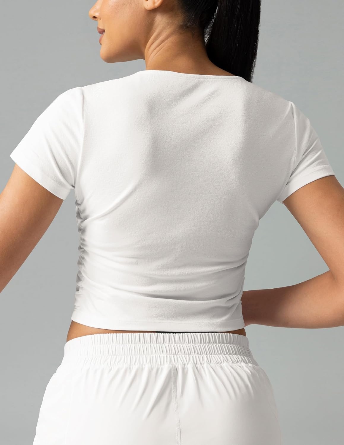 image:imageColorfulkoala Workout Crop Tops for Women Short Sleeve Slim Fitted Basic Tees Crew Neck Ruched Casual Yoga T ShirtsWhite
