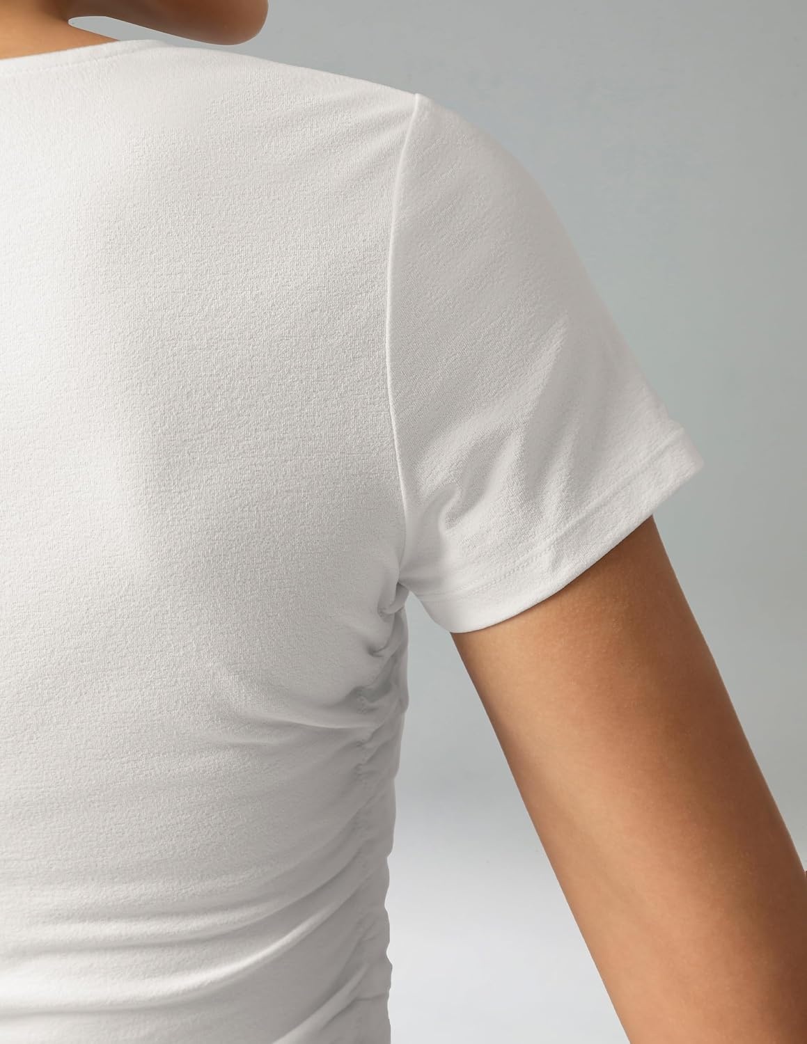 image:imageColorfulkoala Workout Crop Tops for Women Short Sleeve Slim Fitted Basic Tees Crew Neck Ruched Casual Yoga T ShirtsWhite