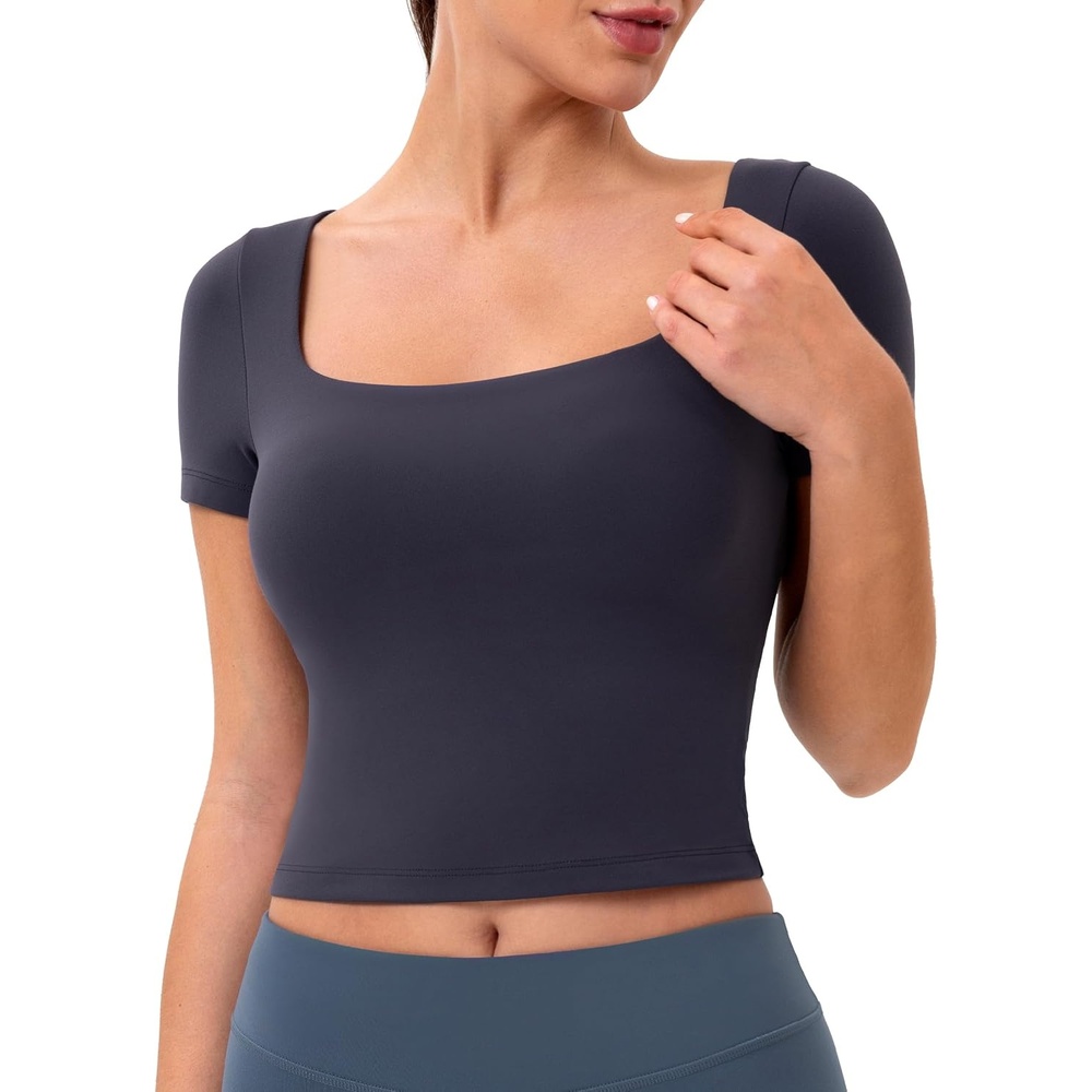 image:imageColorfulkoala Dreamlux Square Neck Short Sleeve Shirts for Women Slim Fit Basic Tops Casual Going Out TShirtBlue Ink