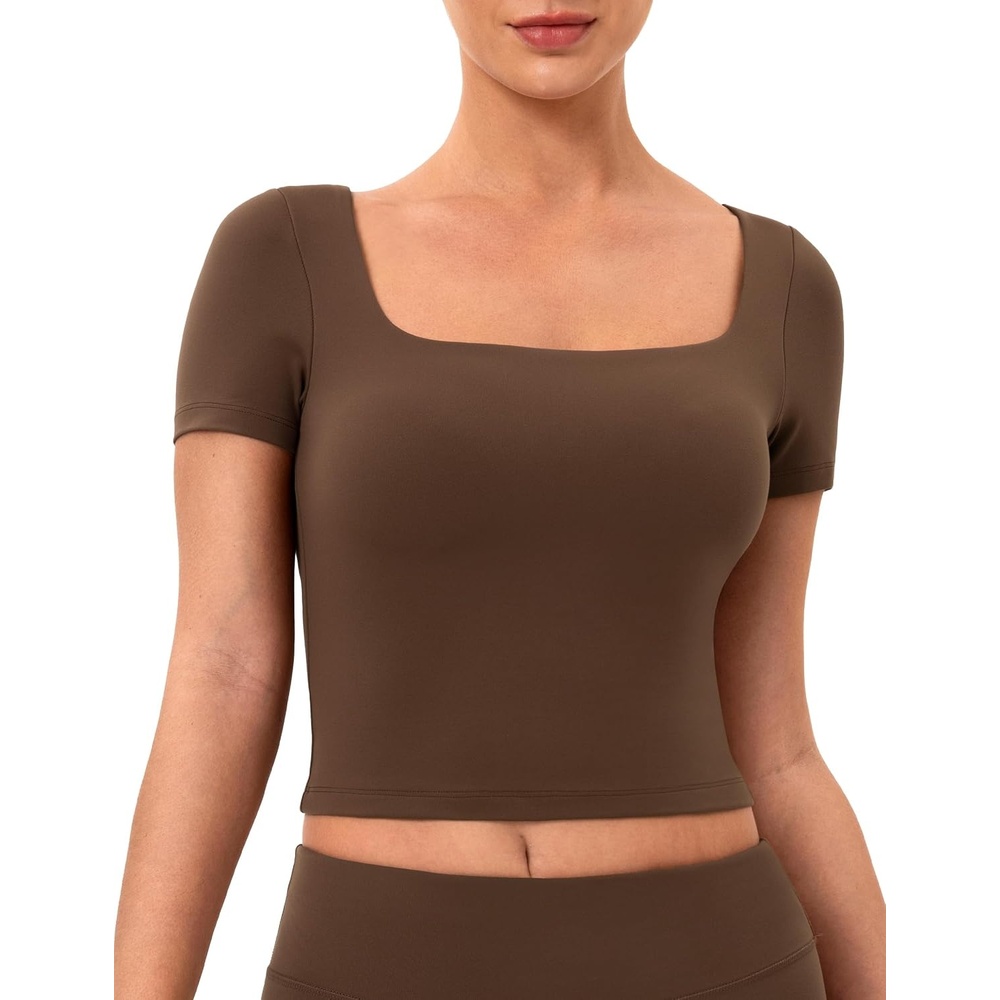 image:imageColorfulkoala Dreamlux Square Neck Short Sleeve Shirts for Women Slim Fit Basic Tops Casual Going Out TShirtCocoa