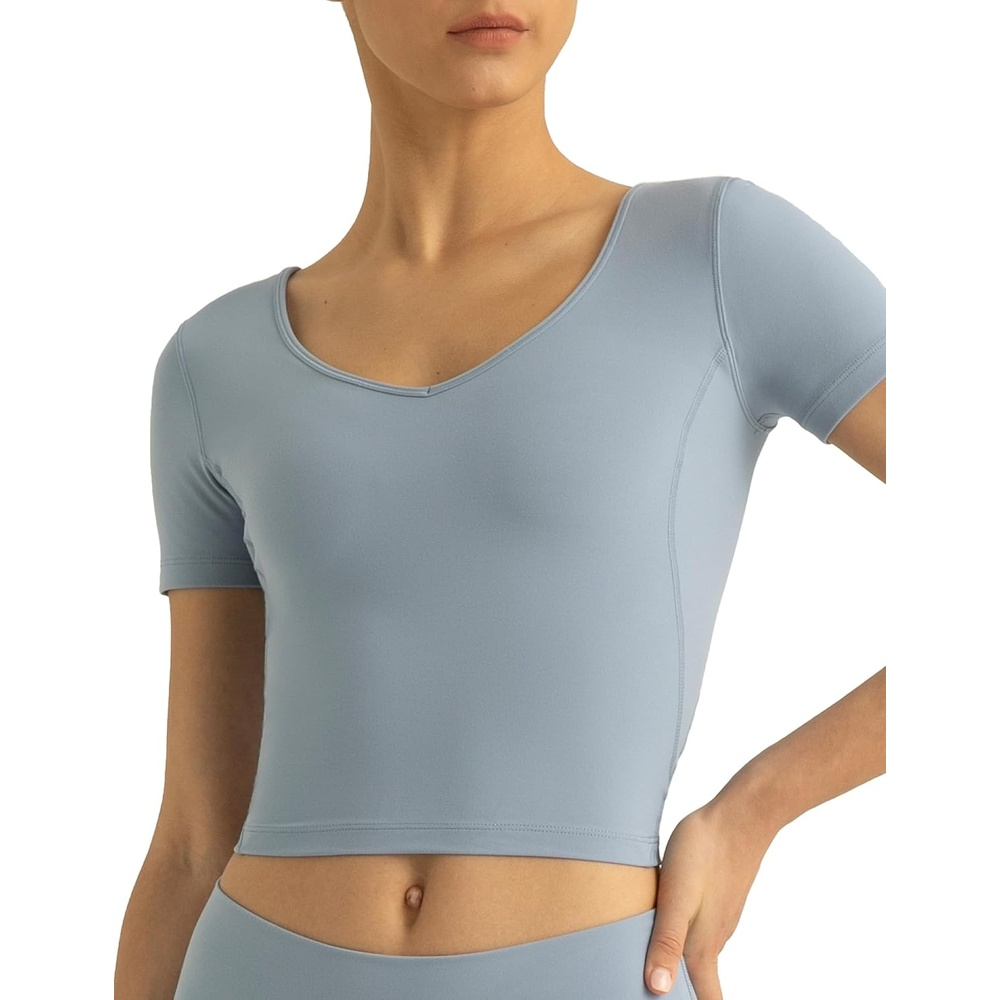 image:imageColorfulkoala Womens Dreamlux V Neck Short Sleeve Yoga Shirts UBack Workout TopsChambray