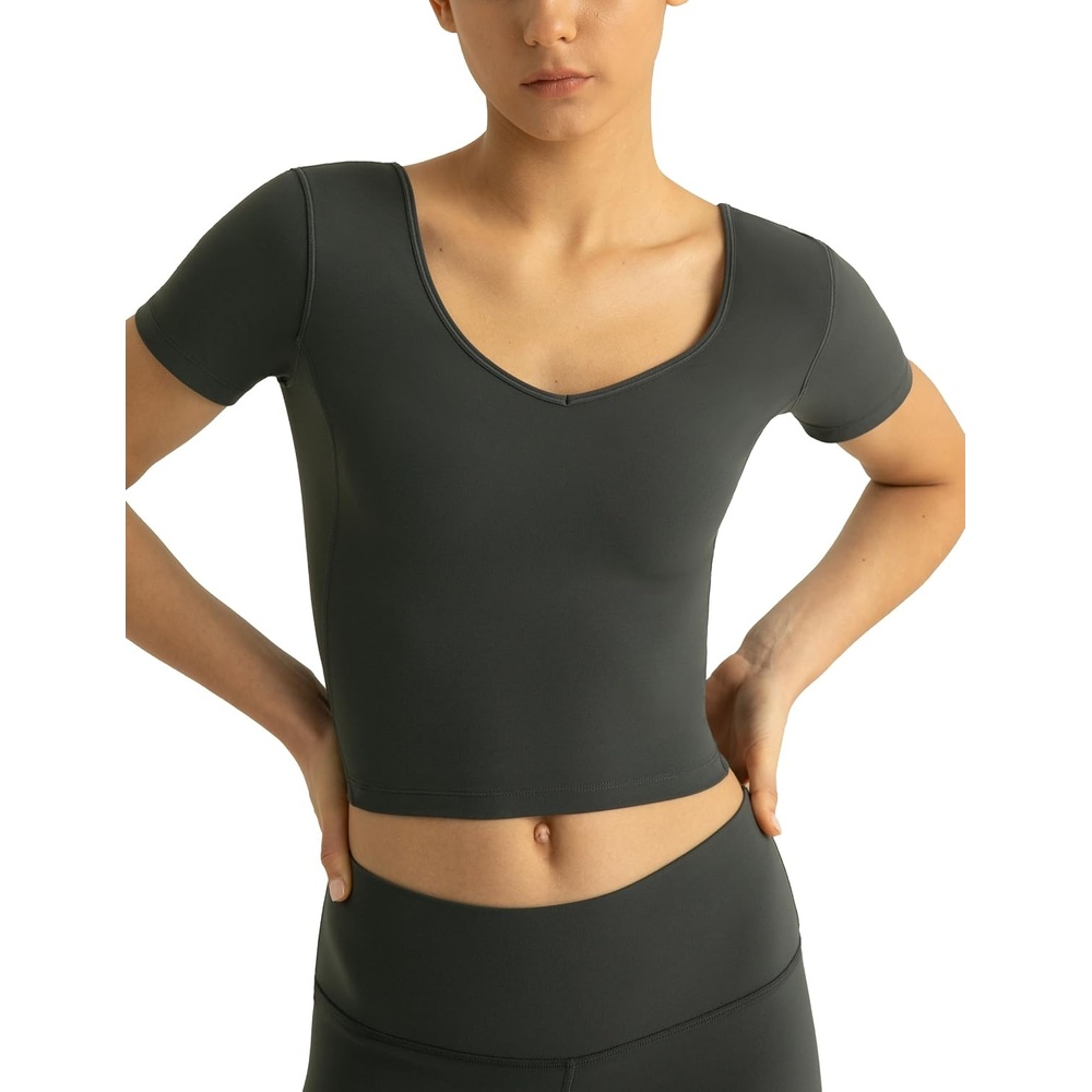 image:imageColorfulkoala Womens Dreamlux V Neck Short Sleeve Yoga Shirts UBack Workout TopsDark Carbon
