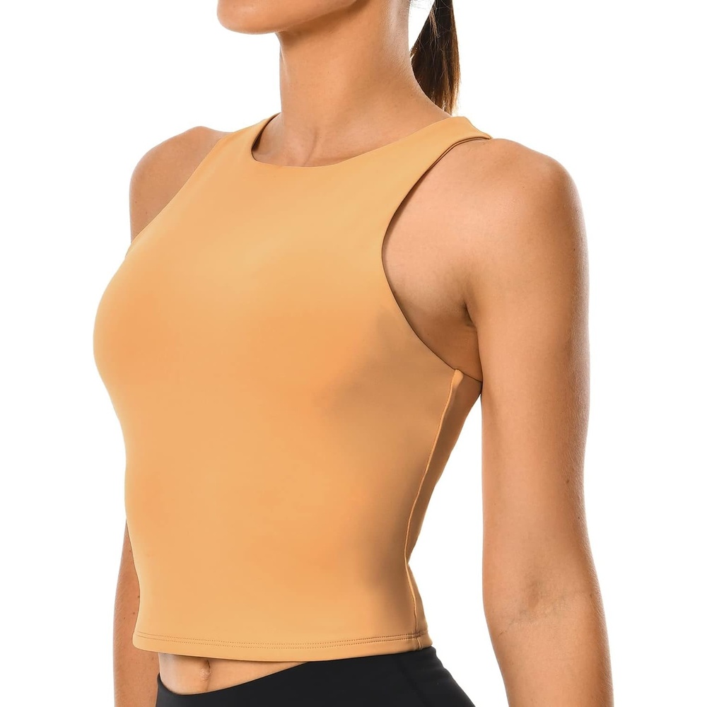 image:imageColorfulkoala Womens High Neck Tank Tops Body Contour Sleeveless Crop Double Lined Yoga ShirtsBeige