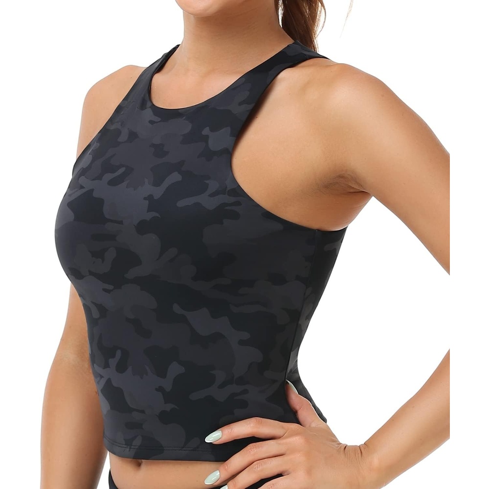 image:imageColorfulkoala Womens High Neck Tank Tops Body Contour Sleeveless Crop Double Lined Yoga ShirtsBlack Camo