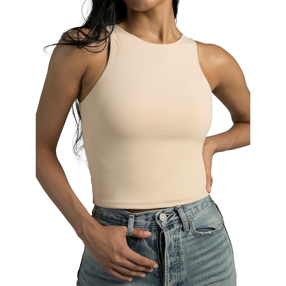 image:imageColorfulkoala Womens High Neck Tank Tops Body Contour Sleeveless Crop Double Lined Yoga ShirtsIvory