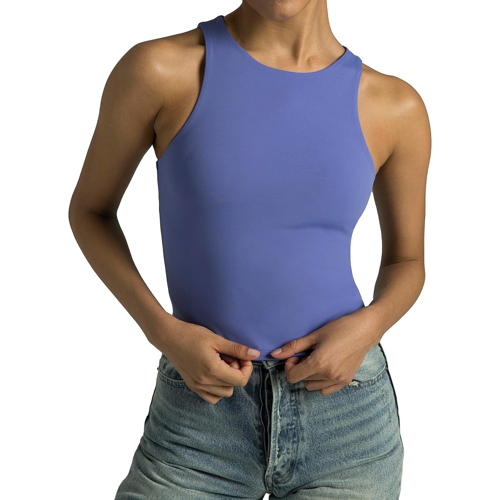 image:imageColorfulkoala Womens High Neck Tank Tops Body Contour Sleeveless Crop Double Lined Yoga ShirtsLavender Blue