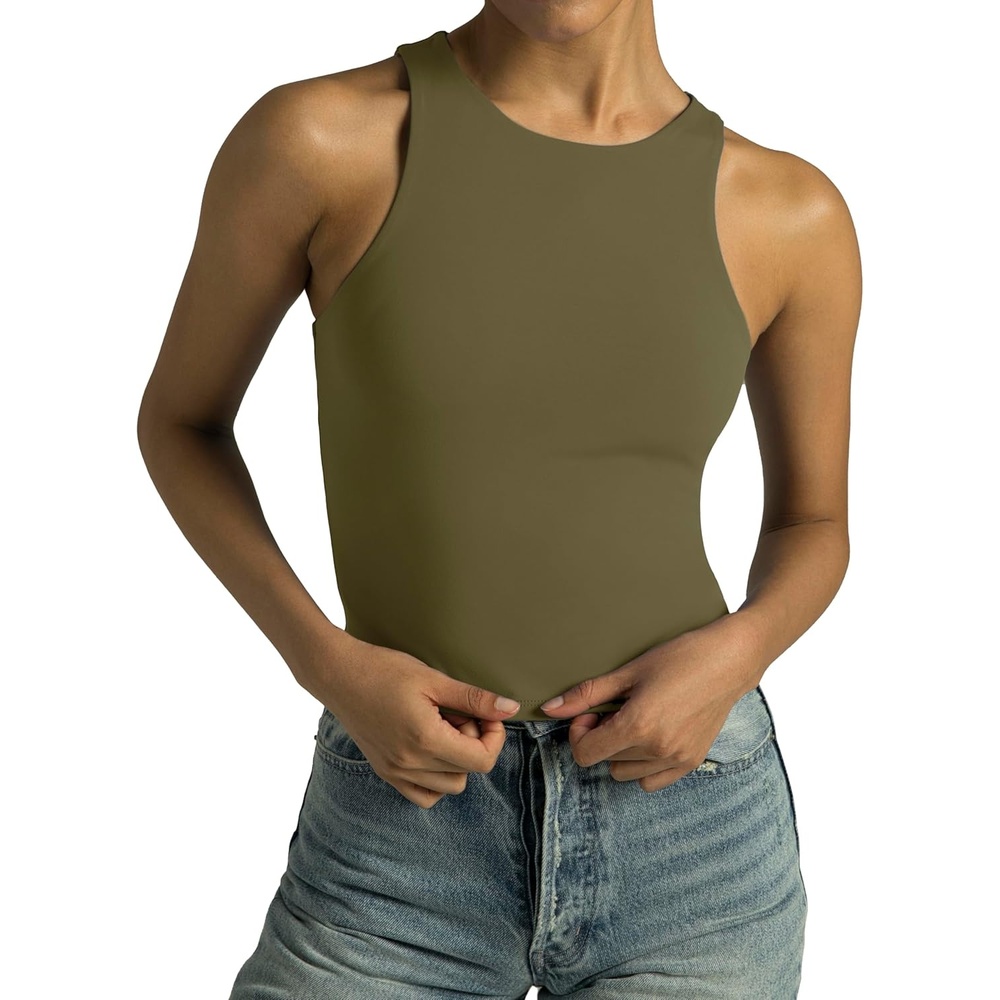 image:imageColorfulkoala Womens High Neck Tank Tops Body Contour Sleeveless Crop Double Lined Yoga ShirtsOlive Green