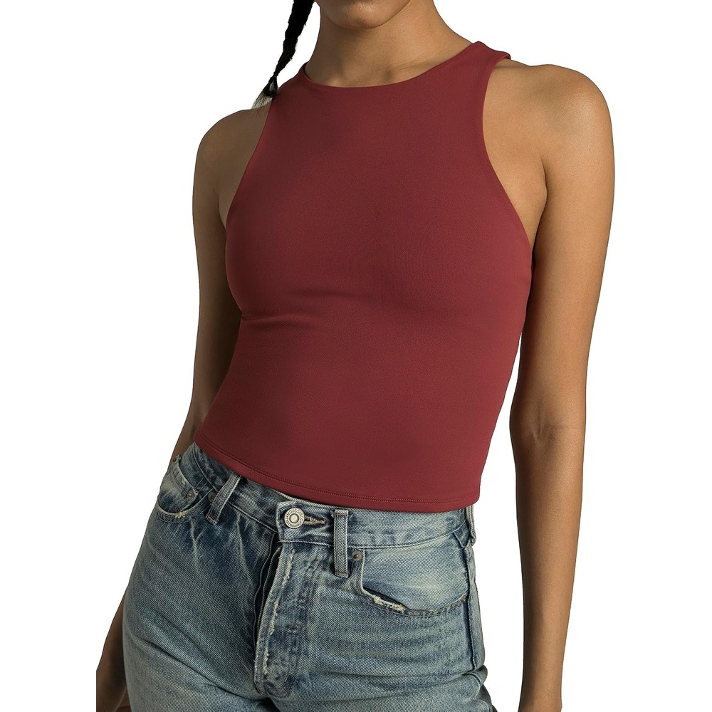image:imageColorfulkoala Womens High Neck Tank Tops Body Contour Sleeveless Crop Double Lined Yoga ShirtsRose Red