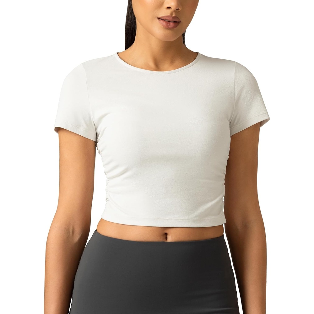 image:imageColorfulkoala Workout Crop Tops for Women Short Sleeve Slim Fitted Basic Tees Crew Neck Ruched Casual Yoga T ShirtsNatural