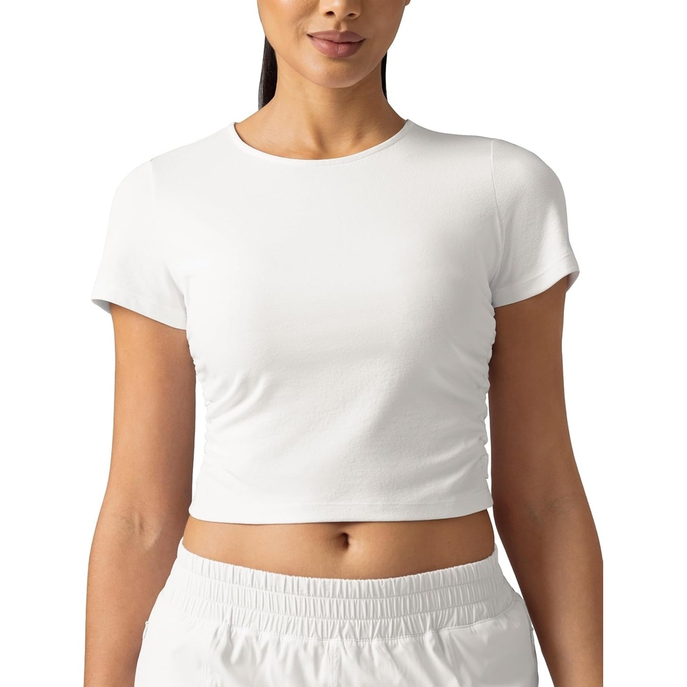 image:imageColorfulkoala Workout Crop Tops for Women Short Sleeve Slim Fitted Basic Tees Crew Neck Ruched Casual Yoga T ShirtsWhite