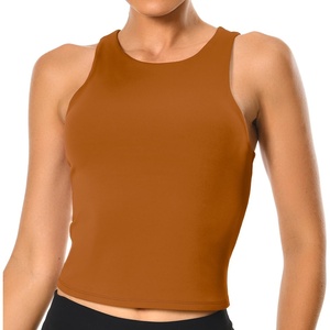 image:imageColorfulkoala Womens High Neck Tank Tops Body Contour Sleeveless Crop Double Lined Yoga ShirtsBrown