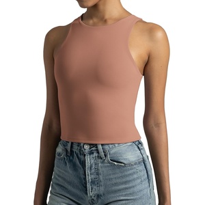 image:imageColorfulkoala Womens High Neck Tank Tops Body Contour Sleeveless Crop Double Lined Yoga ShirtsCoffee